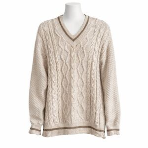 Size XL American Creations Women Vintage Cable Knit Sweater Cotton V Neck Cream